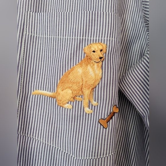 Fabrizio Stripe Embroidered Golden Retriever Button-down Shirt Blue L - Picture 2 of 9